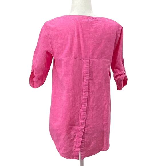 Ellen Tracy Pink Linen Cotton Top S Gold Zip Tassel 3/4 Sleeve Pockets Slit Back - Picture 3 of 16
